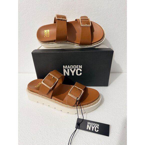 Madden NYC Womens Platform Sandals Brown Faux Leather Double Strap Adjustable Bu - Picture 9 of 12